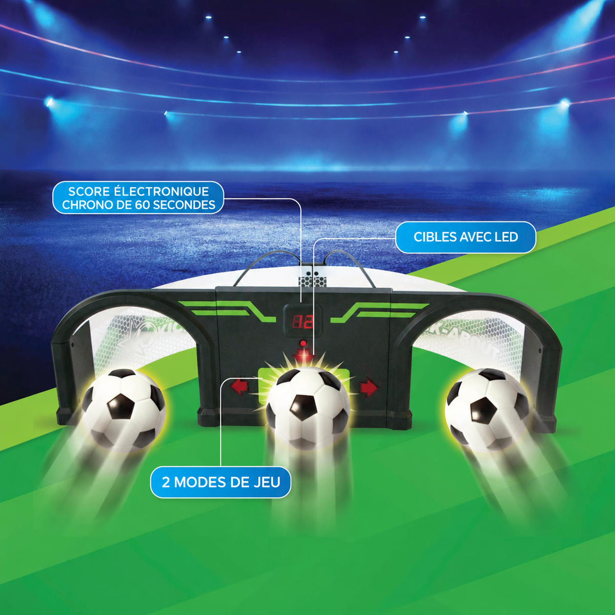 Deux modes de jeu, cibles LED, score électronique et chronomètre de 60 secondes